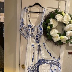 Fillyboo White Maxi Dress with Blue Embroidery